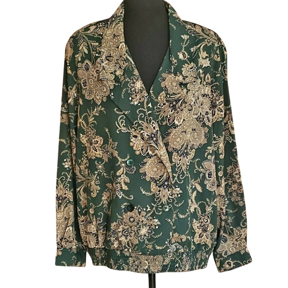 Alfred Dunner Vintage Green Paisley Double Breasted‎ Smocked Jacket